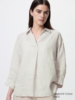Uniqlo — Premium Linen Skipper Collar 3/4 Sleeve Shirt | Striped