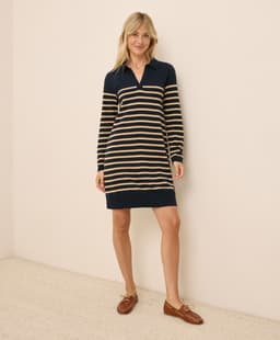 Pact — Classic Fine Knit Collared Sweater Dress - Encinitas Stripe Midnight Blue